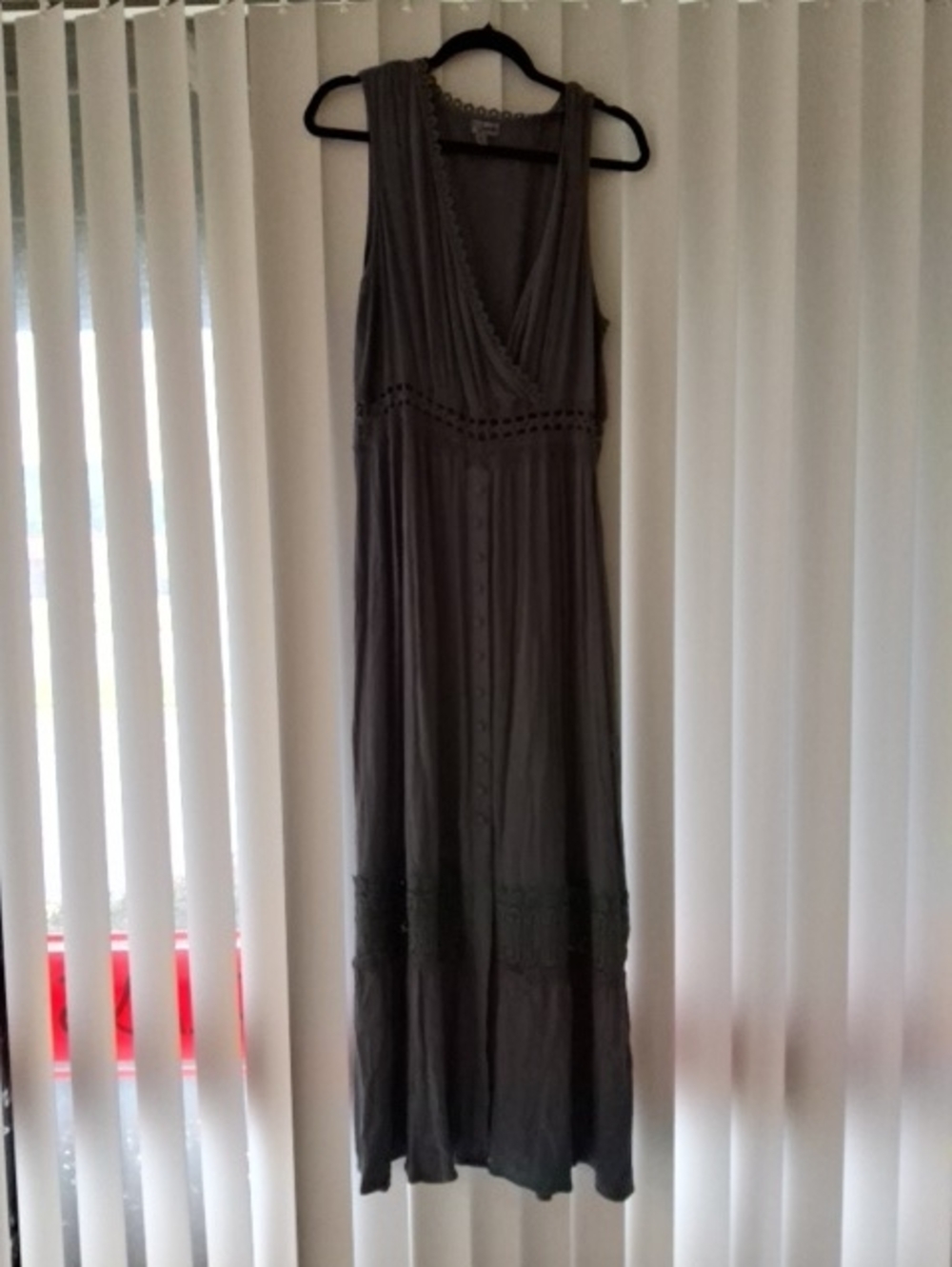 J for Justify Charcoal Gray Sleeveless Maxi Dress with Lace Accents